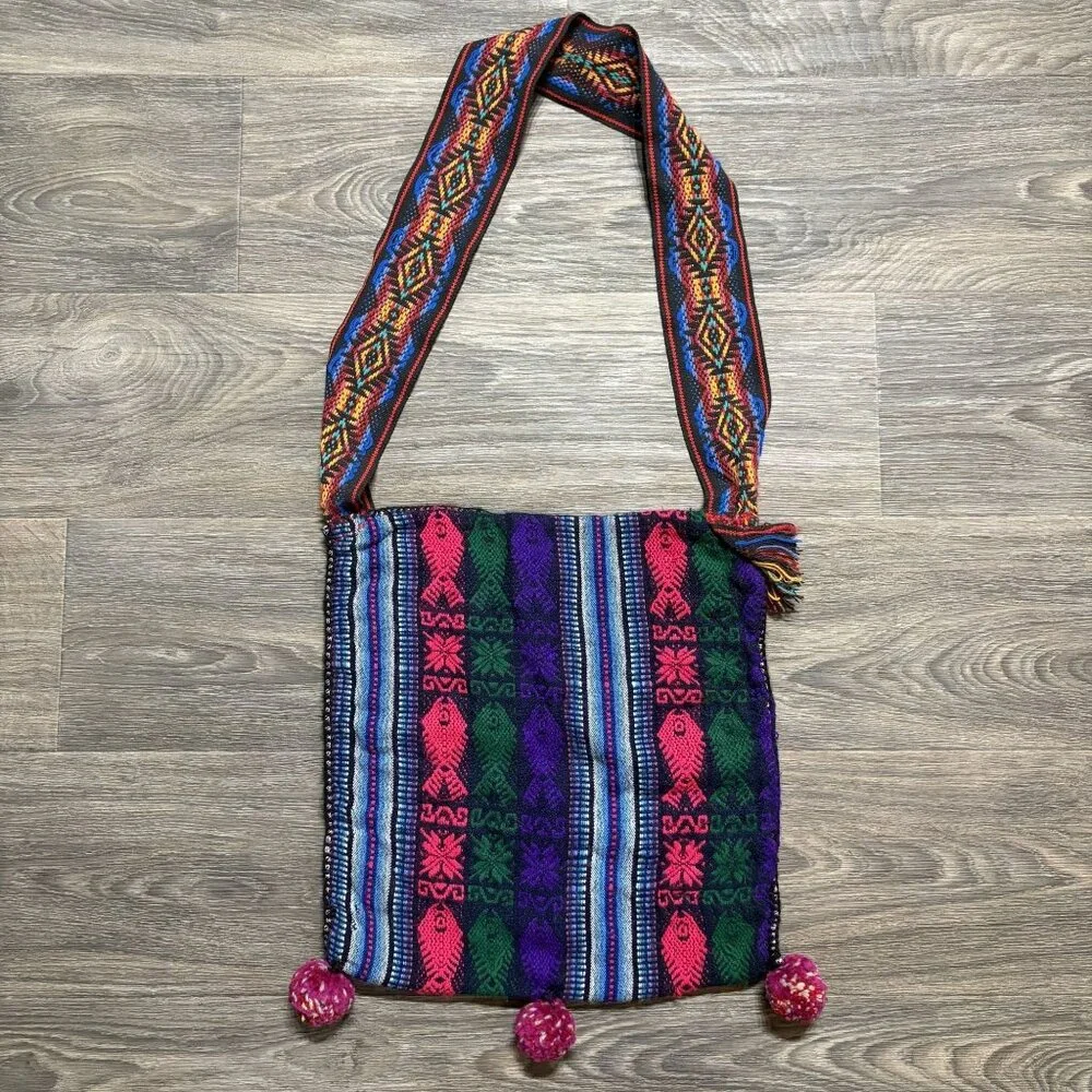 Multicolor Woven Bag Nepal Fish Motif PomPom Bohemian Grunge Festival 90s VTG